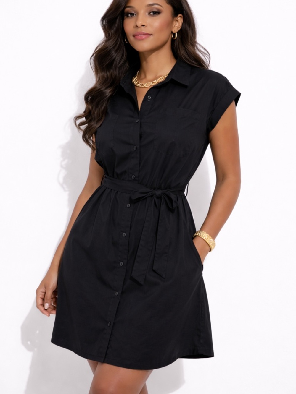 Monteau Black Button-Front Shirt Dress with Chest Pockets. NWT